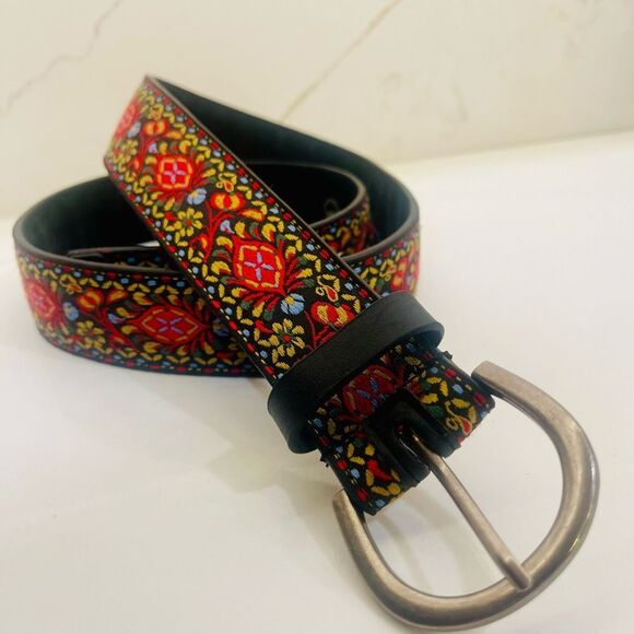 Embroidered Floral Ribbon Belt - Black with Red & Yellow Pattern main image 4